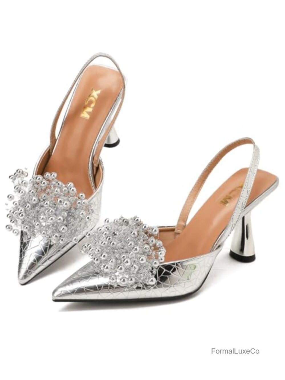 Women's Pointed Toe Slingback Pumps with Beaded Cluster Block Heel